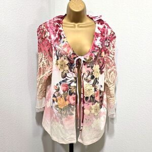 Ruffle Knit Front Tie Sweater 14 16 Floral Frilly Whimsical Cottage Pink Cream